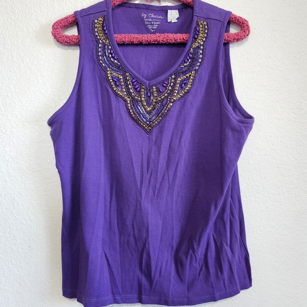 Chico's Purple Beaded V-Neck Ribbed Tank Top Sleeveless Blouse Size 3 XL - Picture 3 of 5